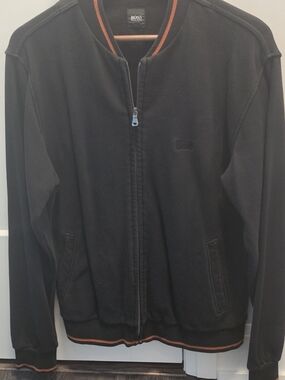 BOSS Hugo Boss Black Zip-Up Sweater with Orange Trim